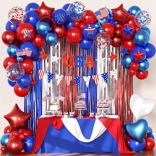 4th of July Decorations, Red Blue White Balloons Confetti Foil Balloons American Flag USA Banner Fringe Curtains for Fourth of July Independence Day Patriotic Memorial Day Decorations