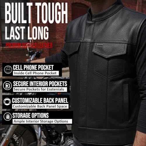 Image of Jackets 4 Bikes Men's SOA Motorcycle Vest - Premium Buffalo Leather, Multiple Pockets Club Style Biker Vest - All Seasons