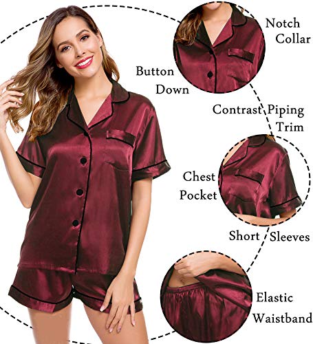 Image of LecGee Womens Silk Satin Pajamas Short Sleeve Loungewear Two-Piece Sleepwear Button-Down Pj Set