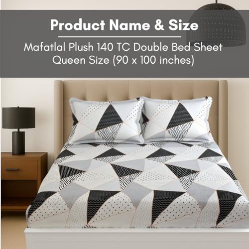 Image of MAFATLAL Plush 140 GSM Double Bed Sheet | Soft Microfiber Fabric | Queen Size 90x100 Inches | Smooth, Breathable & Durable | Black & White