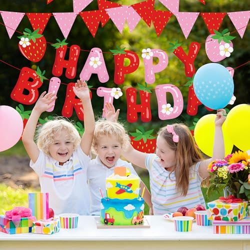 Image of 5 Packs Strawberry Happy Birthday Banner Strawberry Themed Paper Garland Red Pink Pennant Flags Bunting Banners Berry Sweet Birthday Party Decorations for Girls Birthdays Party Decor