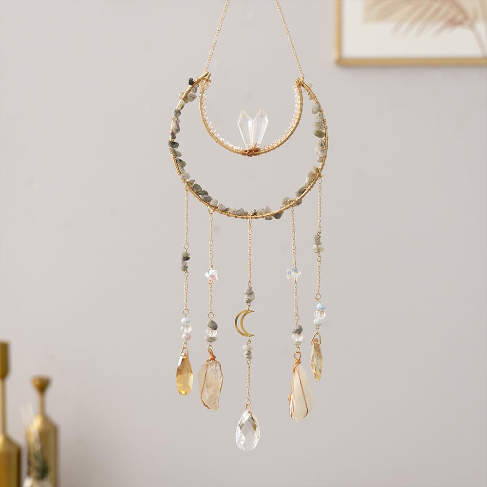 Moon Crystals Tree of Life Dream Catchers,Natural Gem Agate Wall Hangings for Windows Garden Home Décor (New moon shape) - Image 2