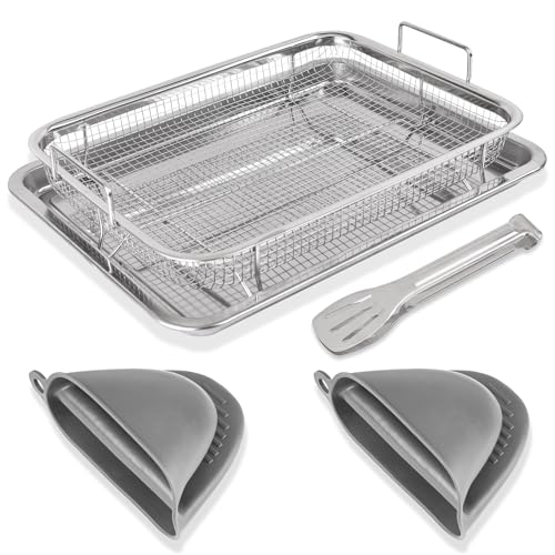 SZMDLX Air Fryer Basket for Oven, Air Fryer Basket and Tray for Oven, Oven Air Fryer Tray Baking Pan Rack, Air Fryer Basket and Tray Set Crisper Tray with Oven Mitts & Tongs,Baking Tray with Basket