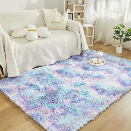 SUCSES Plush Shaggy Faux Fur Rugs Rainbow Tie Dye Fluffy Area Rug for Bedroom Living Room Furry Indoor Home Decor Carpet for Kids Teens Girls (4ft x 6ft, Blue Purple)