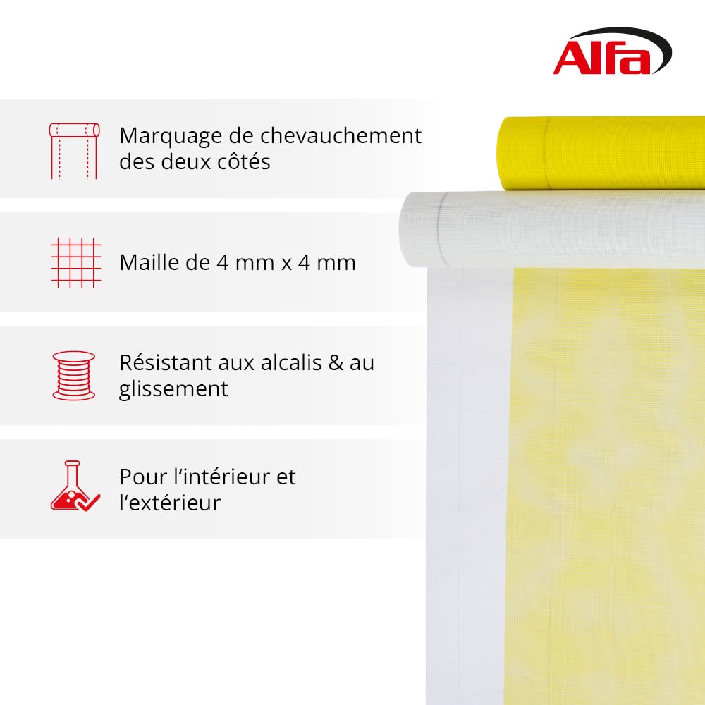 537 ALFA - Treillis en fibre de verre renforcé, 2 pièces, jaune, 500mm x 50m, 165 g/m², maille 4 x 4 mm pour enduit façade, pour éviter toutes fissures