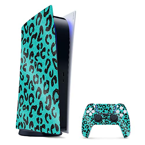 MightySkins Glossy Glitter Gaming Skin for PS5 / PlayStation 5 Digital Edition Bundle - Teal Leopard | Durable High-Gloss Glitter Finish | Easy to Apply and Change Styles | Made in The USA