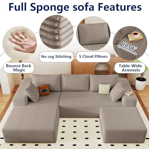 Image of 96 inch Modular Sectional Sofa with Ottoman, Modern Corduroy Cloud Couch with Deep Seat, Boneless Couch Upholstered 3-Seater U-Shaped Sofa for Living Room, No Assembly (Camel,Left-Facing Chaise)