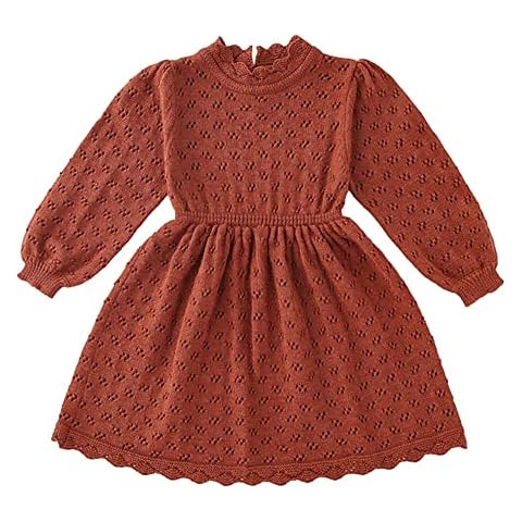 Miccina Toddler Baby Sweater Dress Kids Long Sleeve Ribbed Ruffle Knit Dress Outfit Solid Embroidery Pleated Dress Clothes, Brick-red, 18-24 Months Cover
