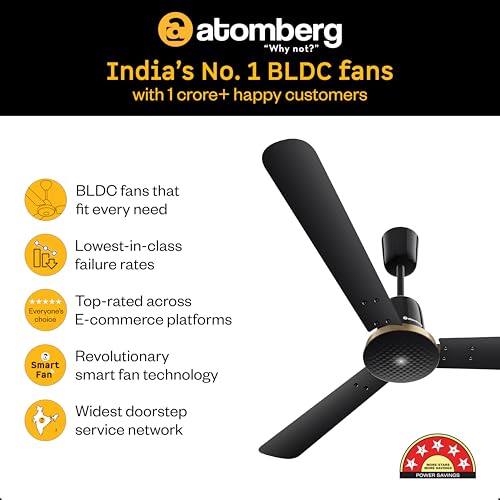 Image of atomberg Ikano Stylique 1200mm BLDC Ceiling Fan | | Remote Operated | Ideal for living room | BEE 5 star | Advance Air+ Technology | Low noise operation | 3 Years Warranty (Gloss Black)