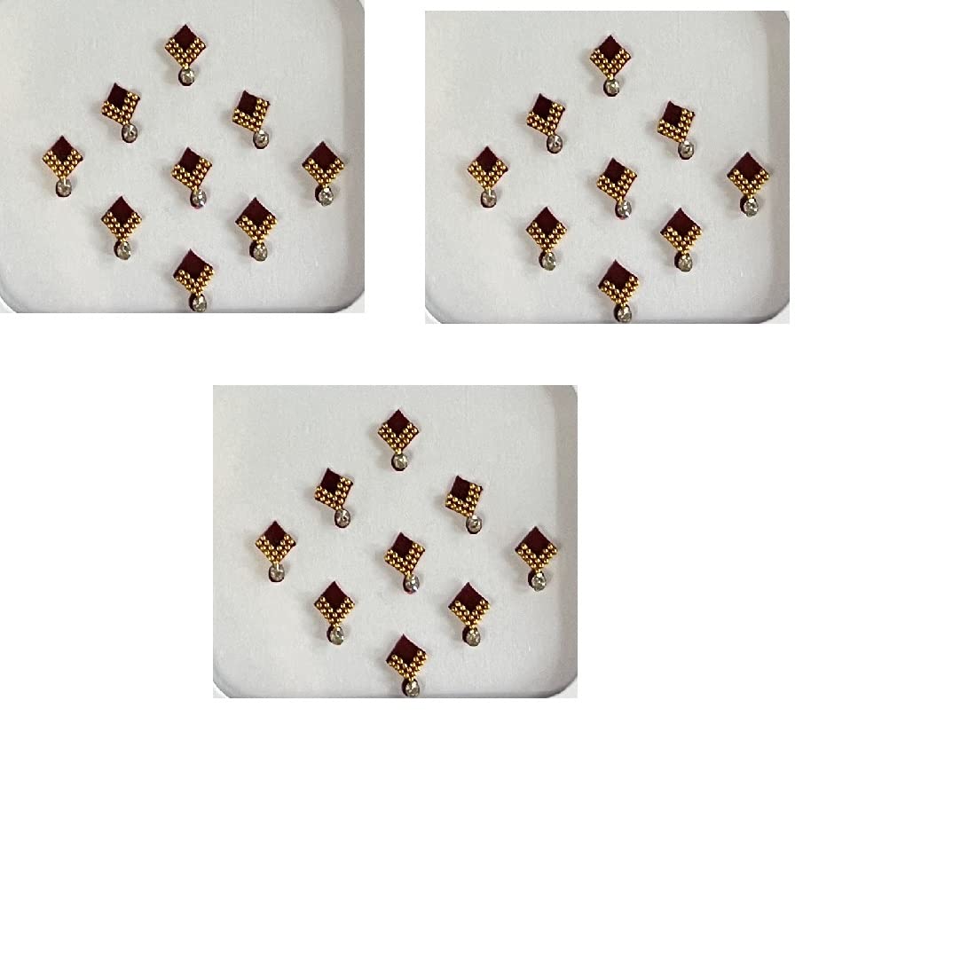 GenericOJ Golden Square Shape 2 line Moti Stone Bindi Kumkum Sindoor Bindiya Tika Tilak Sticker Bridal Bindis for Wedding Occasional Simple Forehead Girls & Womens-Size 5 Pack of 3