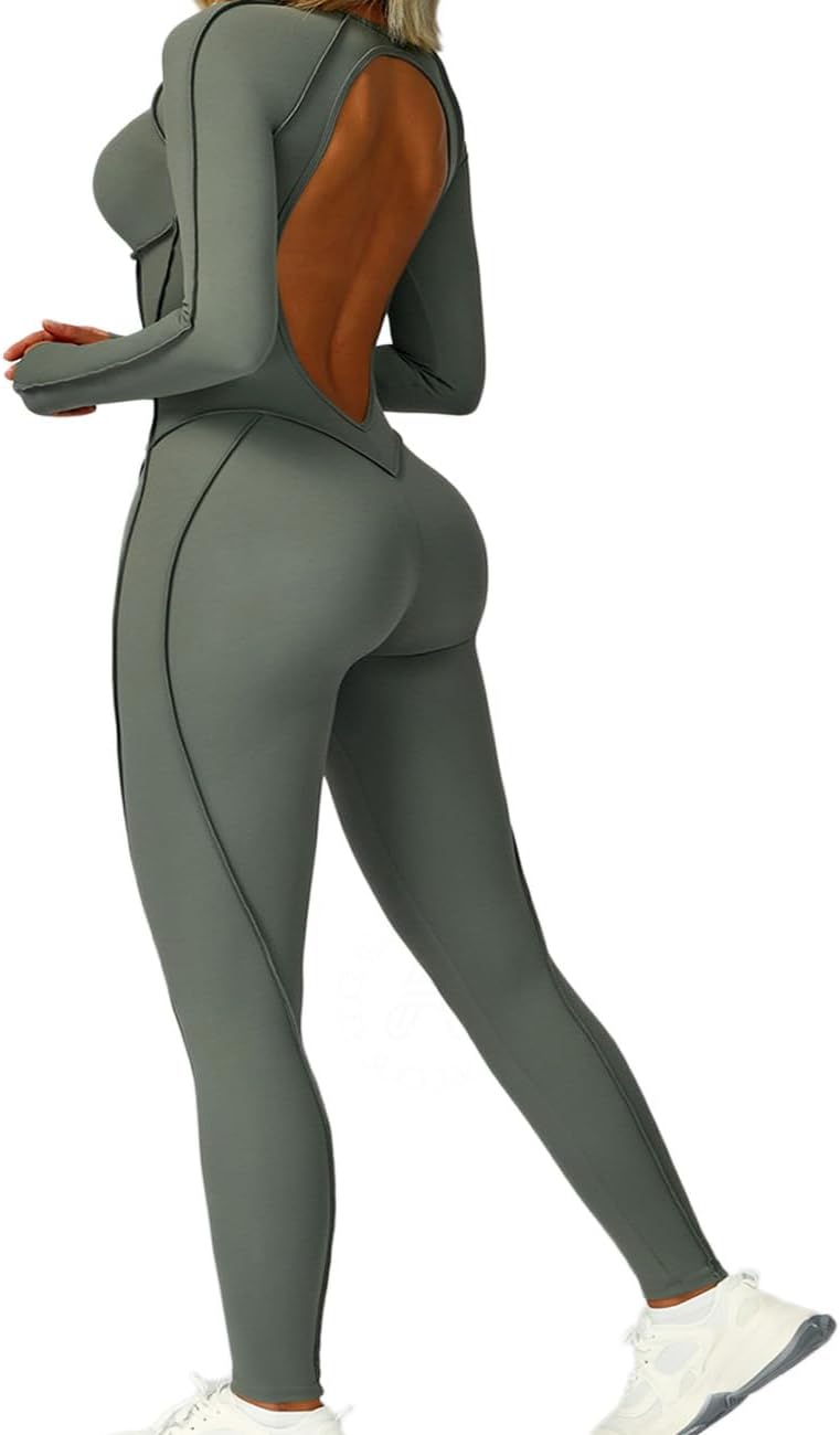 AEEZO Womens Sexy Backless Long Sleeve Padded Workout Jumpsuit Contour Stitch Yoga Rompers One Piece Tummy Control Bodysuit