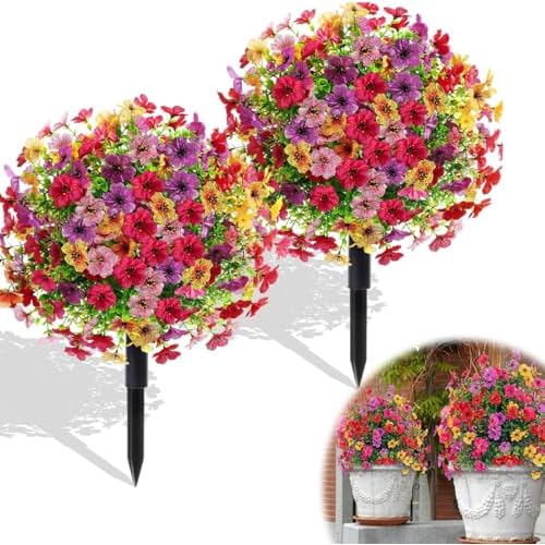 DrimMek 2pcs Artificial Flowers Topiary Ball Faux Flowers for Outdoors, 20" UV Resistant Mix Colors Plants with Spike for Garden, Porch and Patio