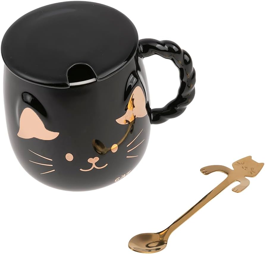 Japanese Cat Porcelain Mug - With Lid & Spoon - 15oz - Breakfast & Relaxation Break - Coffee, Tea, Hot Chocolate - Gift Idea Asia, China, Japan - Black
