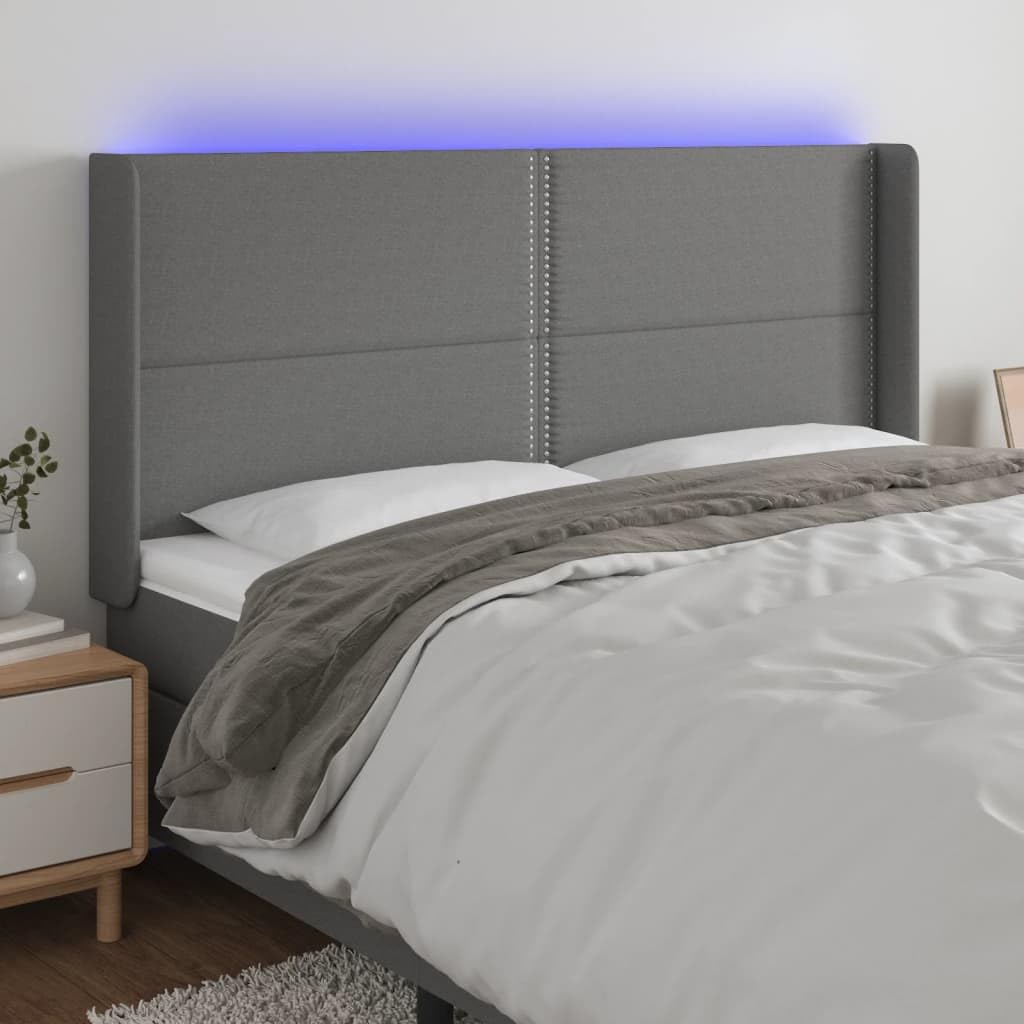 Zagłówek LED, ciemnoszary, 183 x 16 x 118/128 cm, materiał, regulacja wysokości, tapicerka, nowoczesny design, oddychający, trwały, do sypialni