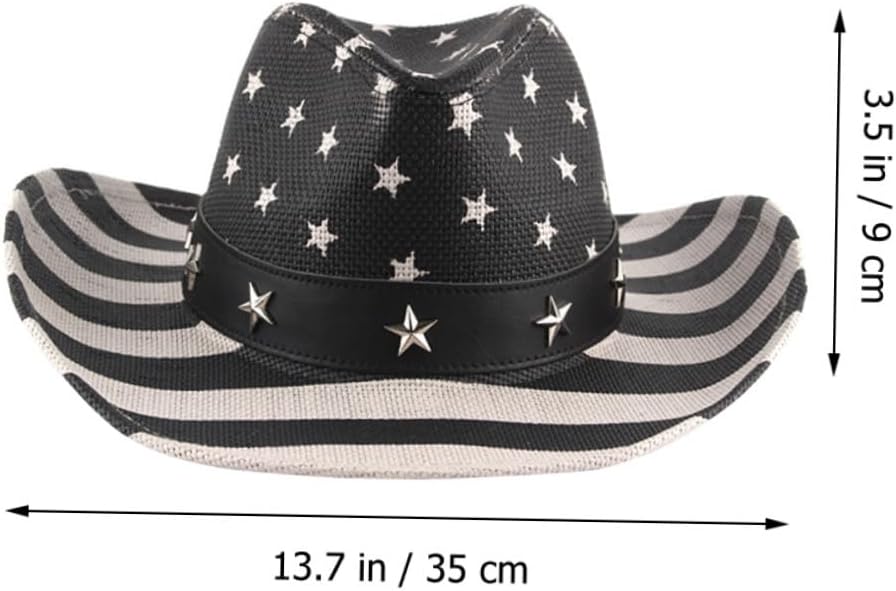 TEHAUX American Flag Cowboy Hat Unisex Straw Sun Hat Western Style Summer 4th of July Patriotic Black