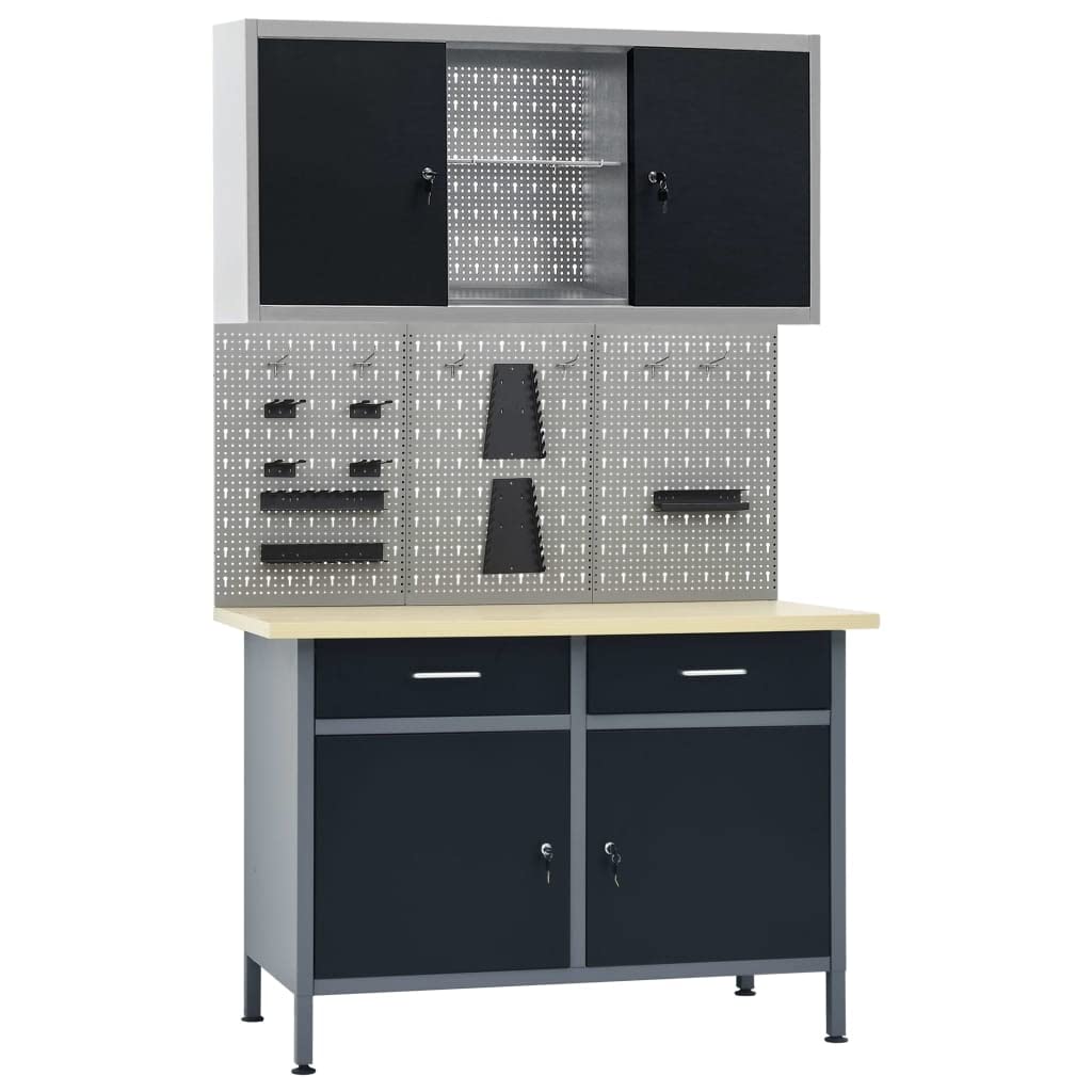 INLIFE Banco de trabajo con 3 paneles de pared y 1 armario artículos de ferretería, accesorios ferretería (64,28 kg)