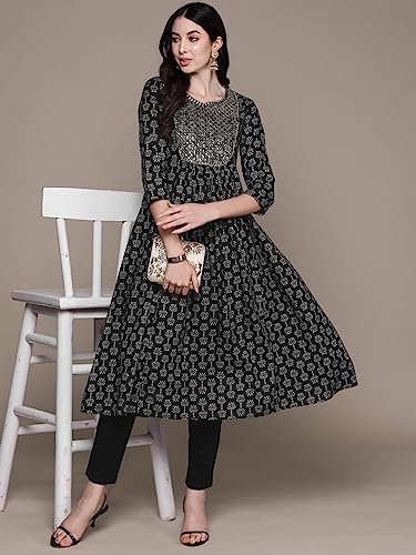 Image of ishin Women's Cotton Embellished Black A-Line Kurta