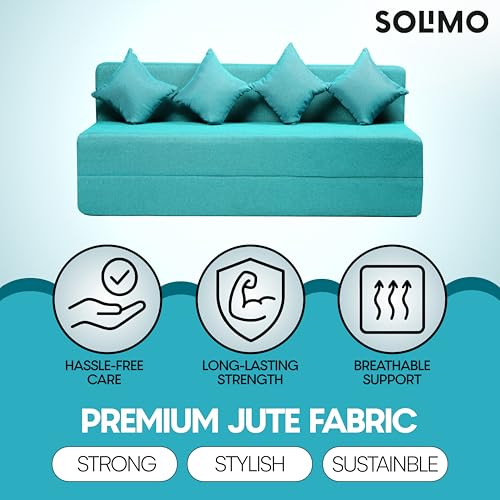 Image of Amazon Brand - Solimo 4 Seater 6 * 6 Jute Fabric Washable Cover Sofa Cum Bed with 4 Cushions 4 Seater Double Foam Fold Out Sofa Cum Bed (Finish Color - Sky Blue Delivery Condition - Pre-Assembled)