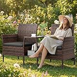 UDPATIO Gartenbank Wetterfest 2-Sitzer mit Integriertem Tisch, Polyrattan Sitzbank mit Stauraum, BalkonBank Sitzgruppe Outdoor Gatten, Braun