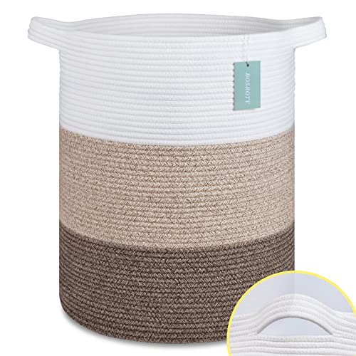 Image of Cotton Rope Blanket Basket, 72L Laundry Hamper, White & Ombre Brown | 16 inchx 22 inch, Large Collapsible Woven Nursery Hamper with Sturdy Handles for Clothes Toys Towels, Bedroom Living Room Bathroom