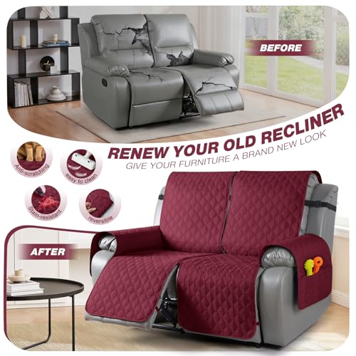 Image of TAOCOCO 100% Waterproof Recliner Covers, Recliner Sofa Covers with Leg Straps, Reversible Recliner Couch Cover for Reclining Chair, Washable Couch Protector for Pets Kids(2 Seater, Wine)