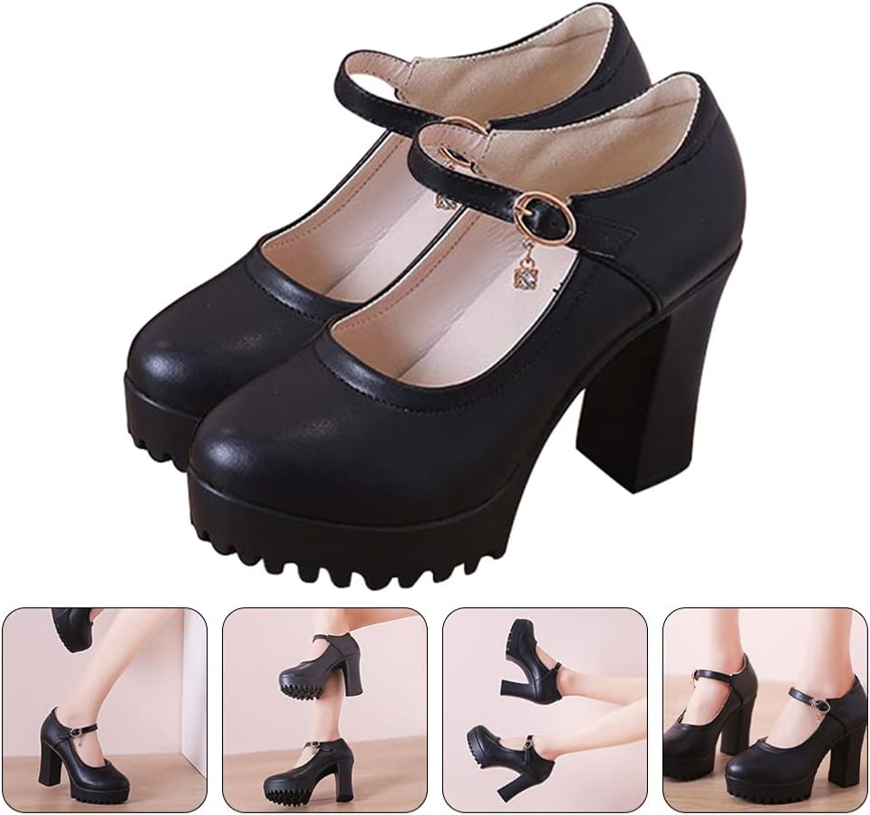 Happyyami 1 Pair Pumps Platform Shoes Girl High- Heeled Shoes Women Ankle Strap Heels High Heels Aline Dress for Women Non-Skid Heels Fashionable Woman Inside: Leather Creeper Black