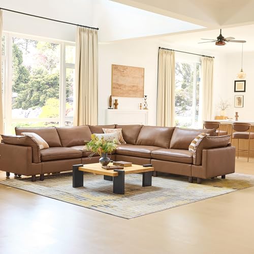Image of CHITA 118 inch Super Large Sectional Couches for Living Room, Modular Cloud Couch Sectional Sofa, Premium Genuine Leather Sofa, Down Filled, High Density Foam, Real Leather in Saddle, 5 Seat Corner Couch