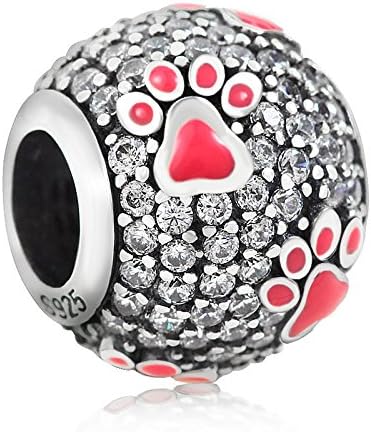 Dog Paw Print Animal Beads Charm 925 Sterling Silver Bling Crystal Charm