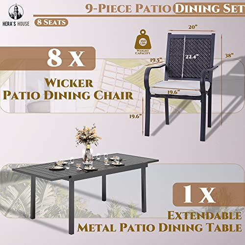 Hera's House 9 Pieces Wicker Patio Dining Set, 8 X Rattan Dining Chair, 1 X Extendable Metal Dining Table, All Weather Resistant Outdoor Furniture Set For 8 For Lawn Garden Backyard #TOP1