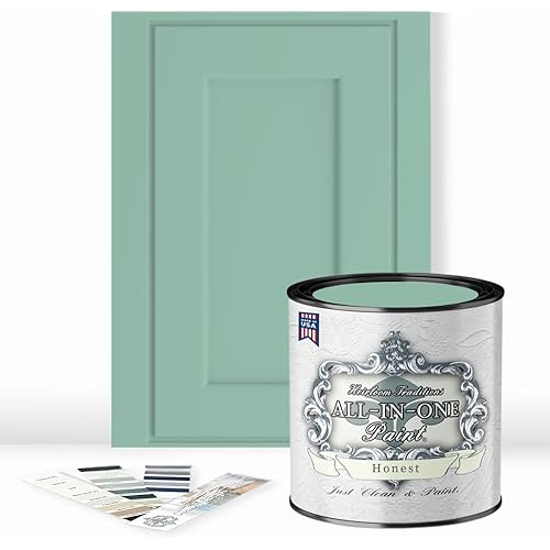 ALL-IN-ONE Paint by Heirloom Traditions, Honest (Mint Green), Quart - Durable cabinet and furniture paint. Built in primer and top coat, no sanding needed. Includes our 30 featured color card.