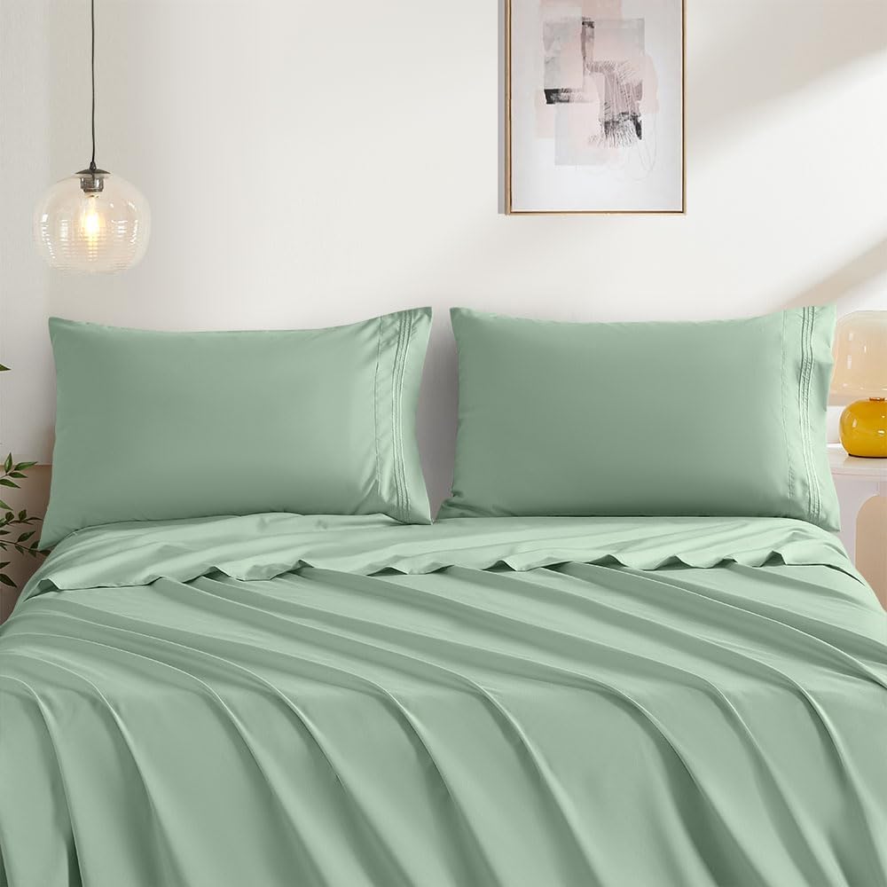 NookZuzu 2 Pack Sage Green Queen Pillowcases 20x30 - Soft Microfiber Quilted Shams, Breathable Envelope Closure, Non-Shrinking Pillow Covers