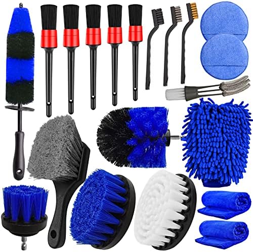 Jaronx 20Pcs Car Wheel Tire Cleaning Brush Set, Car Detailing Kit, Car Detailing Brush Set (Wheels Brush, Rim Brush, Detailing Brushes, Car Drill Detailing Brushes, Wash Mitt, Wax Pads, Wash Towels)