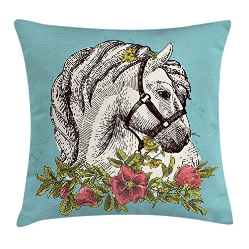 Ambesonne Floral Throw Pillow Cushion Cover, Boho Style Horse Portrait With Blossoming Poppy Wreath Illustration, Decorative Square Accent Pillow Case, 20" X 20", Turquoise Green #TOP21