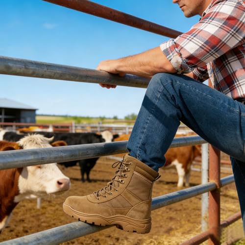 QUNLON Rangers Militaire Homme Bottes Tactique Botte Moto Homme Bottes Militaire Airsoft Bottes de Combat avec Fermeture éclair Antidérapante Chaussure de Randonnée-Marron 45EU – vue 2
