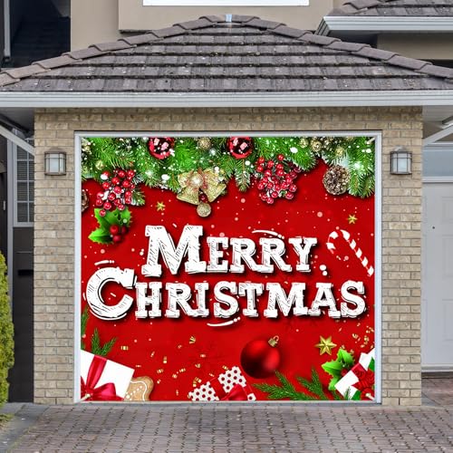 BlissfulTie Upgraded 𝐌𝐚𝐠𝐧𝐞𝐭𝐢𝐜 Christmas Garage Door Cover 7x8 Ft, 1-Car Garage Door Christmas Cover with Merry Christmas Design, Garage Door Banner Christmas Decorations (Magnets*4 Included)