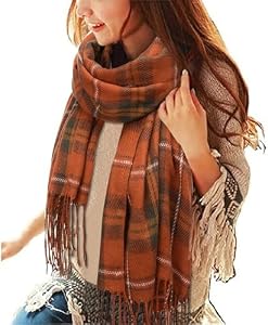 heekpek Damen Kariert Oversized Kaschmir Schal Lange Winterschal Weich Wraps Groß Karo Fransen Schals Warm für Herbst Winter, Orangefarbenes Gitter