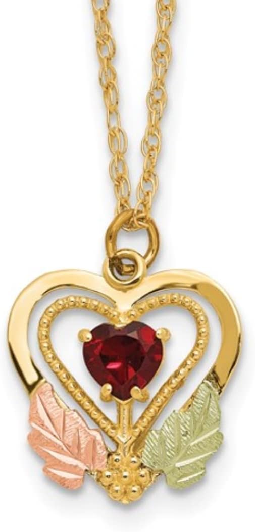 Garnet Heart January Birthstone Pendant Necklace, 10k Yellow Gold for Women Adorned with 12k Green and Rose Gold Leaf Accents, Ideal Present for Various Occasions, Gift Box Included