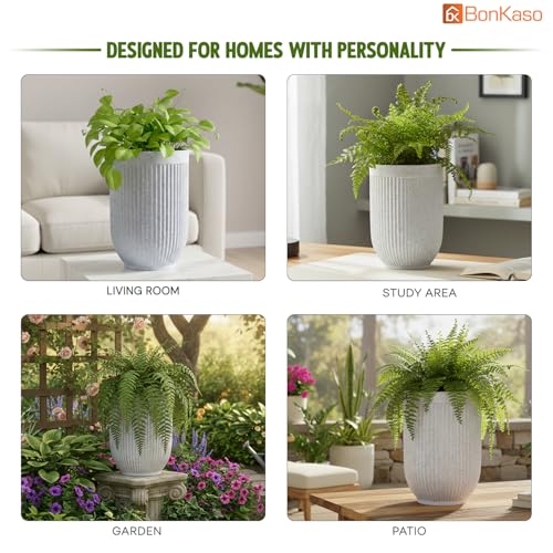 Image of Bonkaso 18 Inch Burj Khalifa Ribbed Planter for Indoor & Outdoor Use | Round Heavy Duty Polymer Flower Pot | Lightweight Weather Resistant Modern Gamla for Living Room Balcony & Terrace (White)