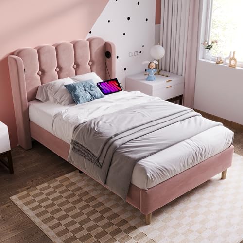EINHOM Polsterbett 90x200 cm, Einzelbett mit USB-und-Typ-C-Ladefunktion, Bettgestell mit Lattenrost, Jugendbett für Schlafzimmer, Samtmaterial, Ohne Matratze, Rosa