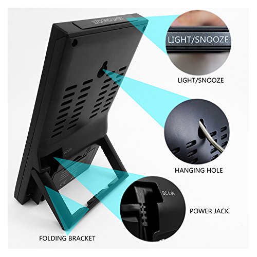 ຫລັງ view of Protmex PT2800U Weather Station main unit showing power jack, folding bracket, and light/snooze button