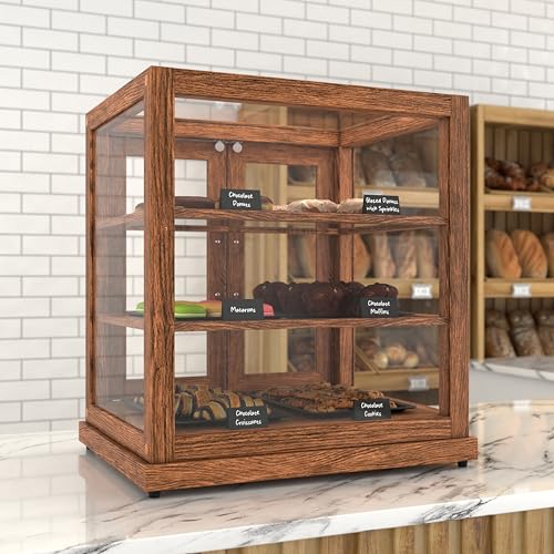 Image of KoolMore 25 in. Dark Wood Countertop Upright Dry Bakery Display Case, Pastry, Cake, and Bread Display with Tempered Glass