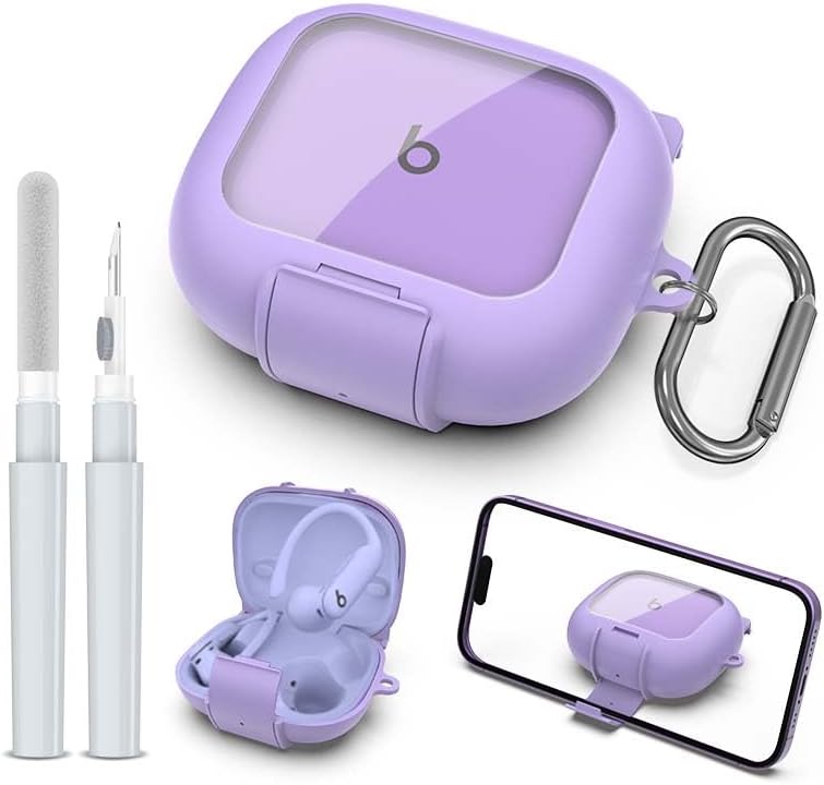 Protective Cover for Beats Powerbeats Pro 2 Case with Secure Lock & Phone Stand, Shockpoof Protection Clear Case Compatible with Beats Powerbeats Pro2 Earbuds with Cleaner Kit & Keychain (Purple)