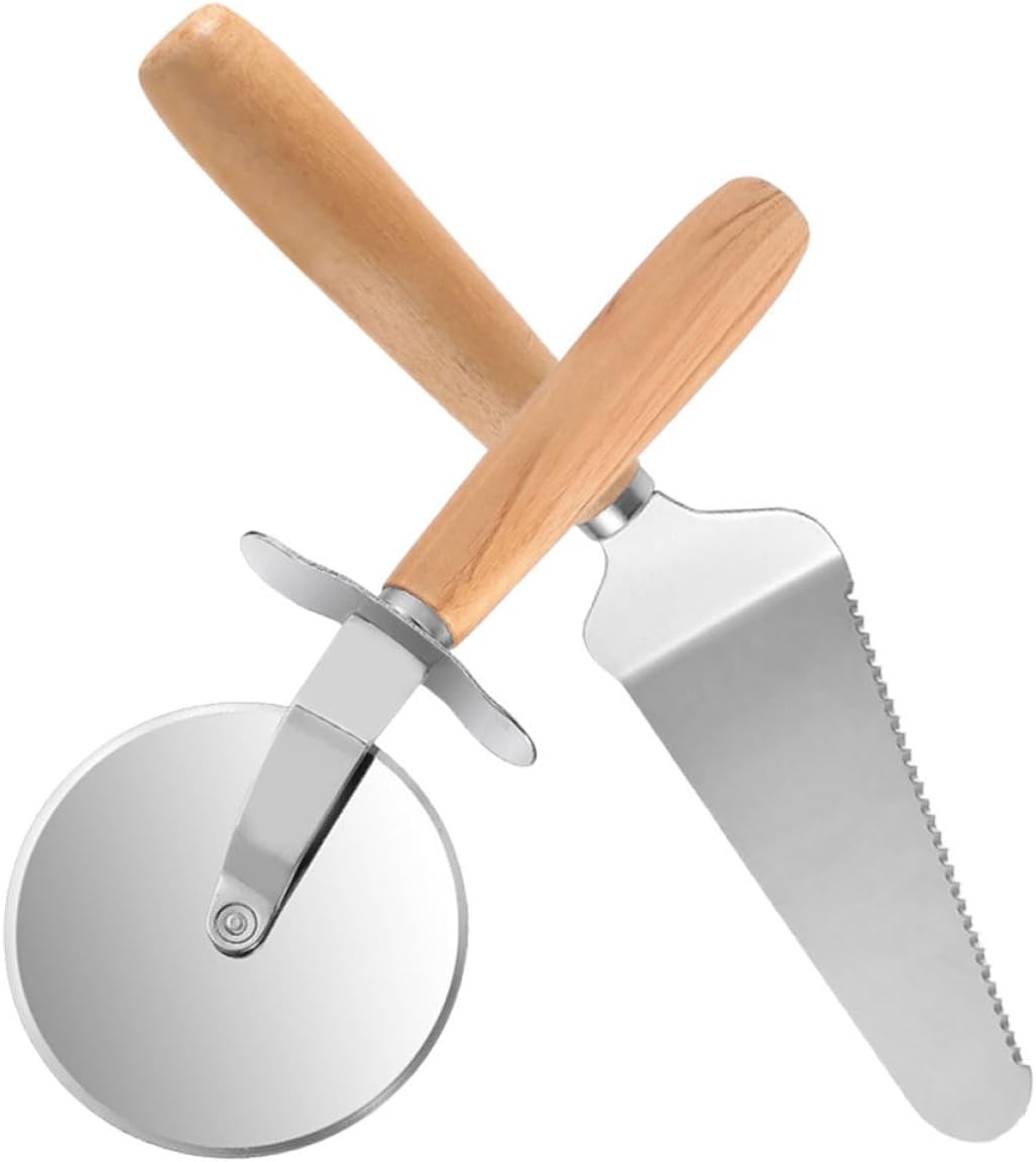 Pizza Wheel Cutter Set with Wooden Handle Stainless Steel for Kitchen