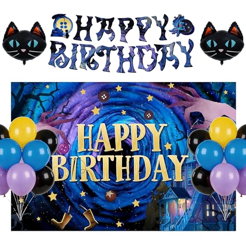 Cartoon Horror Halloween Happy Birthday Decorations Spooky Party Supplies Set Includes Banner Backdrop Black Cat Foil Balloons