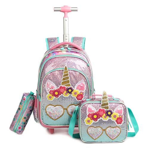 Mochilas de Rodinhas Infantis CUTBLAJAT - Kit de 3 peças com Lancheira e Estojo - Para Meninas - Tecido Rosa com Estampa de Unicórnio e Coração