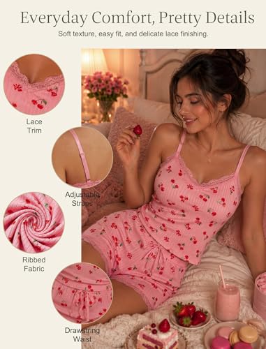 Image of Girece Cami Pajama Set for Women Ribbed Lace Trim 2 Piece Pajamas with Shorts Adjustable Strap Pjs Set Soft Lounge Sleepwear