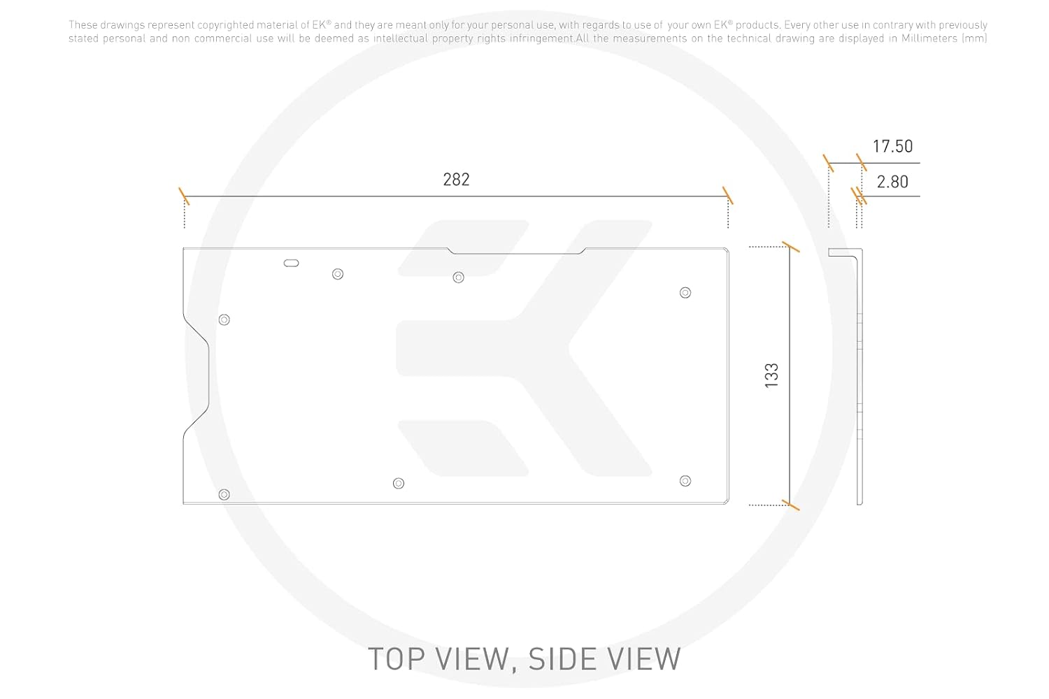 Dimensional drawing of EK-Quantum Vector 2 Trio RTX 3090 Ti GPU Backplate