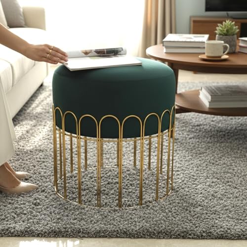 Image of Premium Set of 2 Gold Metal Ottoman Pouffe stool & Footrest for Living Room & Bedroom | Bottle Green Soft & Classy Mosha Fabric With Arch frame | 18 inch height | Luxury Multipurpose Furniture & Decor