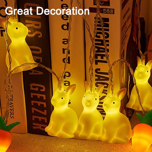 Filo di luci a LED con coniglietto pasquale e carota, 20 m, 20 LED, funzionamento a batteria, decorazione pasquale per interni, per feste, casa, interni ed esterni (bianco caldo)