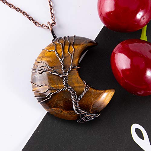 Bivei Tree Of Life Crescent Moon Necklace Copper Wire Wrap Natural Gemstones Pendant Crystals And Healing Stones Necklace #TOP2